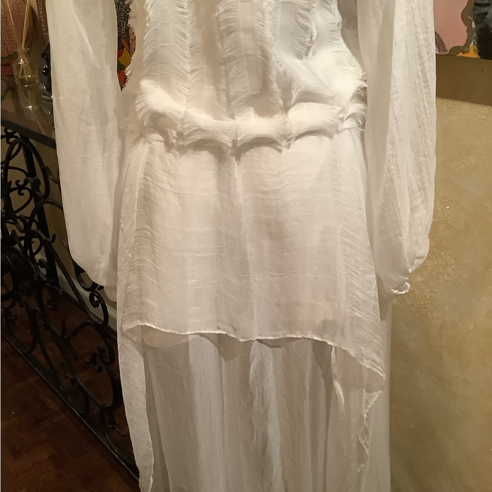 Women's White Sheer Skirt Set – Elegant Tiered Maxi Skirt with Blouse - Picture 7 of 8
